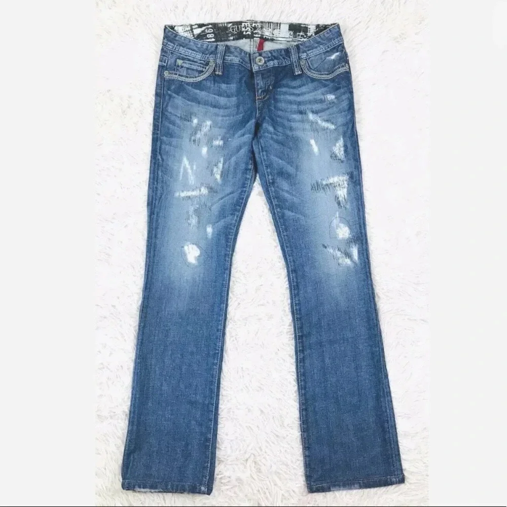 90s GUESS flirty straight parched distress denim jeans size 27 - Picture 1 of 8